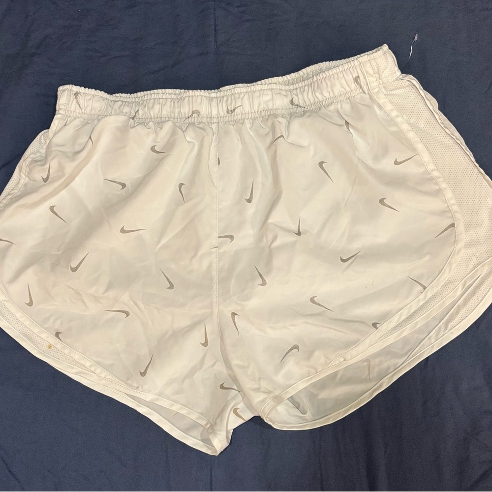 Nike White Women's Athletic Running Shorts with Gray Swoosh Print
